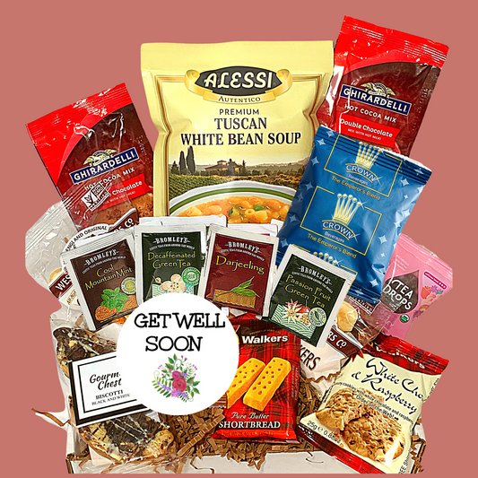 Hey you gift box Houston Gift Shop get well soup gift basket box cookies tea organic crackers hot chocolate biscotti feel better gift box care package unisex family member cancer surgery package hospital care package gift for grandma mom dad