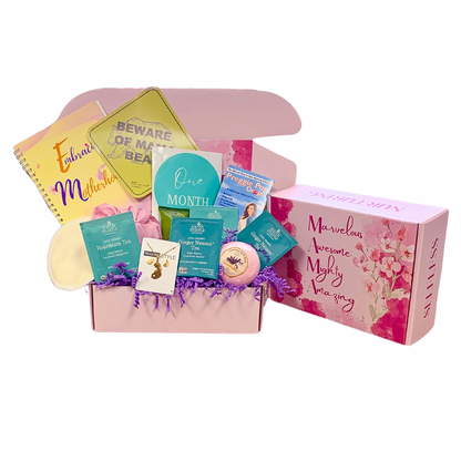 pregnancy gift box for new pregnant women from Hey You gift Box bath bomb tea milestone cards breast pads journal car decals