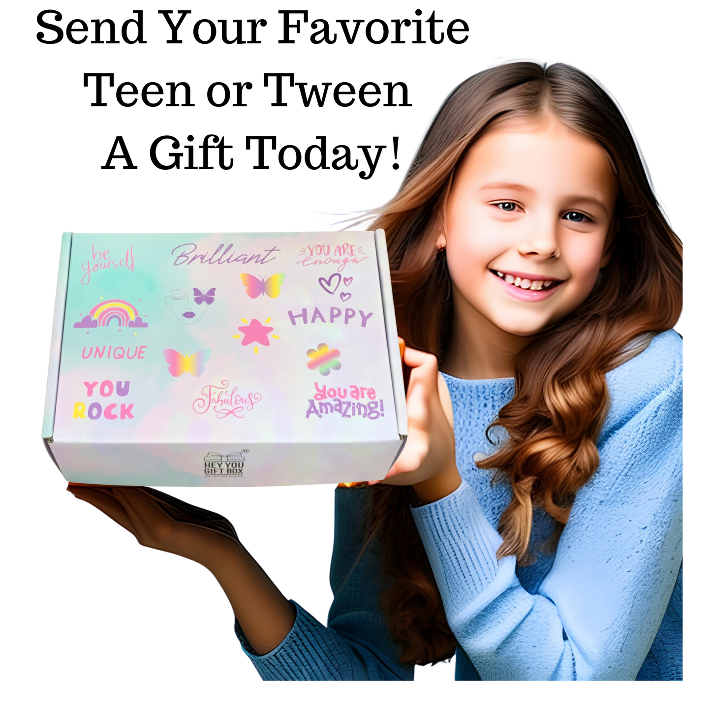 Girl tween teen preteen young girl holding a teen girl gift box from hey you gift box in Houston Baytown Texas Gift Shop