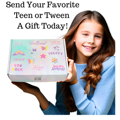 Girl tween teen preteen young girl holding a teen girl gift box from hey you gift box in Houston Baytown Texas Gift Shop